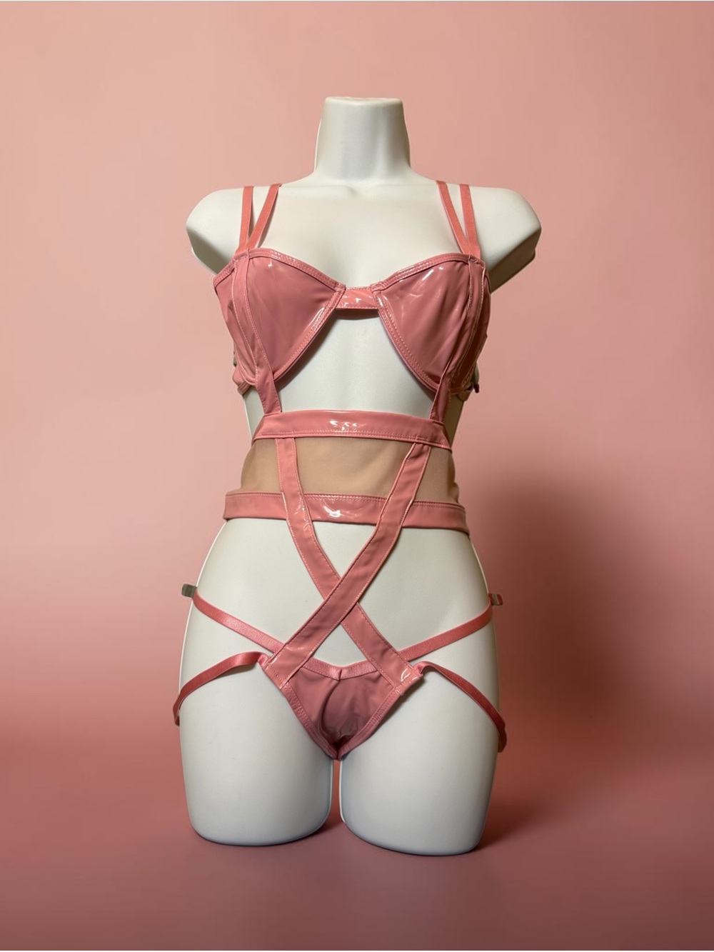 NWT Frederick’s Of Hollywood Pink Patent Mesh Cutout Teddy M